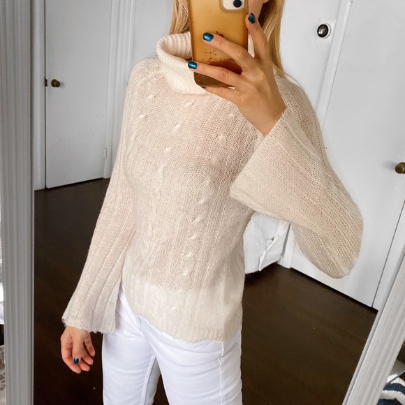 🐚 OUTFIT RETRO IVORY RIBBED CABLE KNIT BELL SLEEVE TURTLENECK SWEATER! - Picture 2 of 8